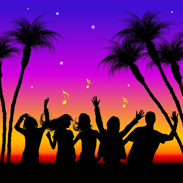 海岛风情夜幕下伴随音乐狂欢的男女
