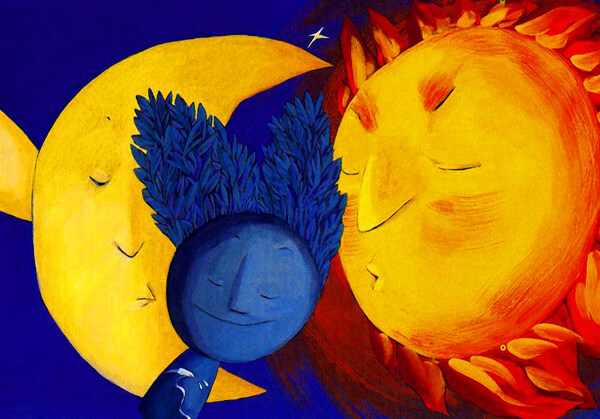 手绘抽象太阳月亮油画