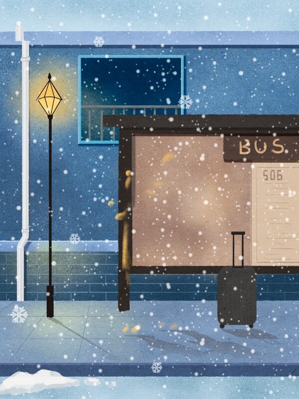 冬季下雪夜景公交站背景
