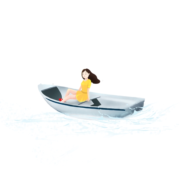 手绘坐船的女孩子插画人物