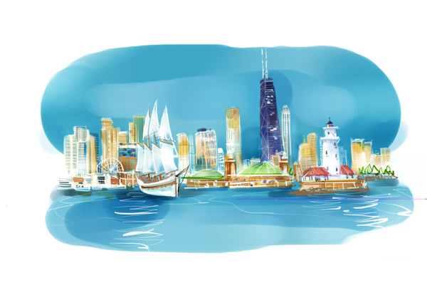 帆船海边城市复古插画