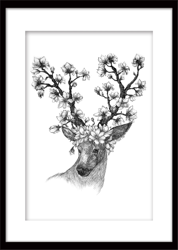 黑白麋鹿花朵简约现代装饰画