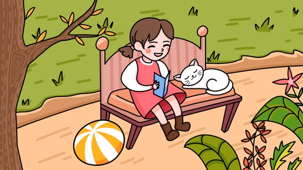 国际儿童日看书女孩和猫插画