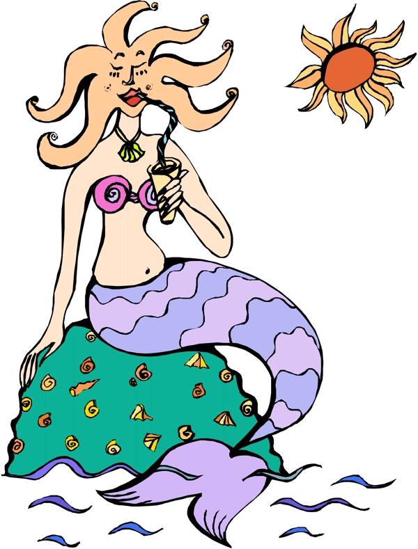 章鱼头的美人鱼坐在礁石上晒太阳