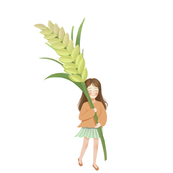 小清新创意扛着一根水稻的女孩子