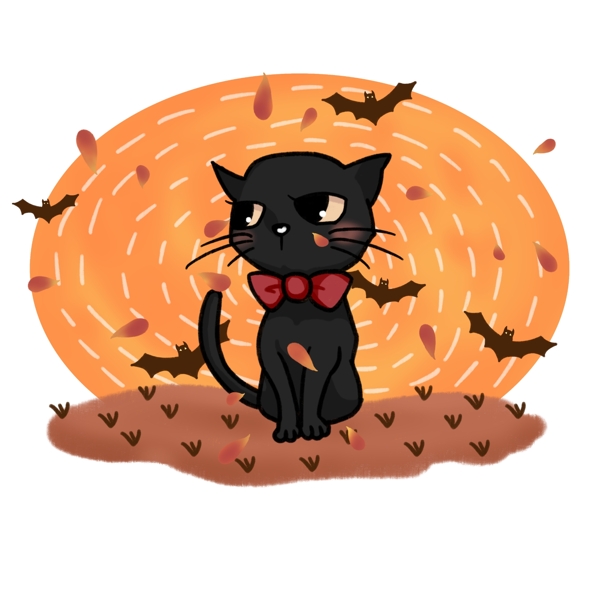 原创手绘风插画万圣节黑猫蝙蝠设计元素