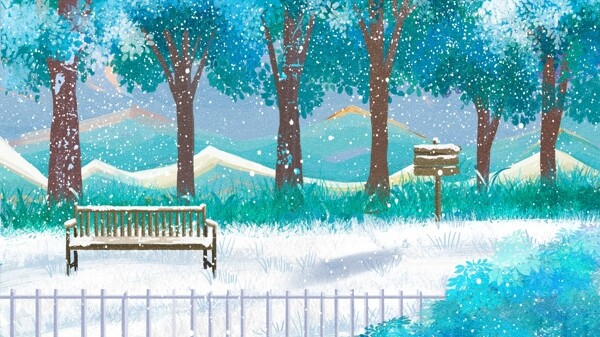 彩绘唯美冬季树林雪景背景设计