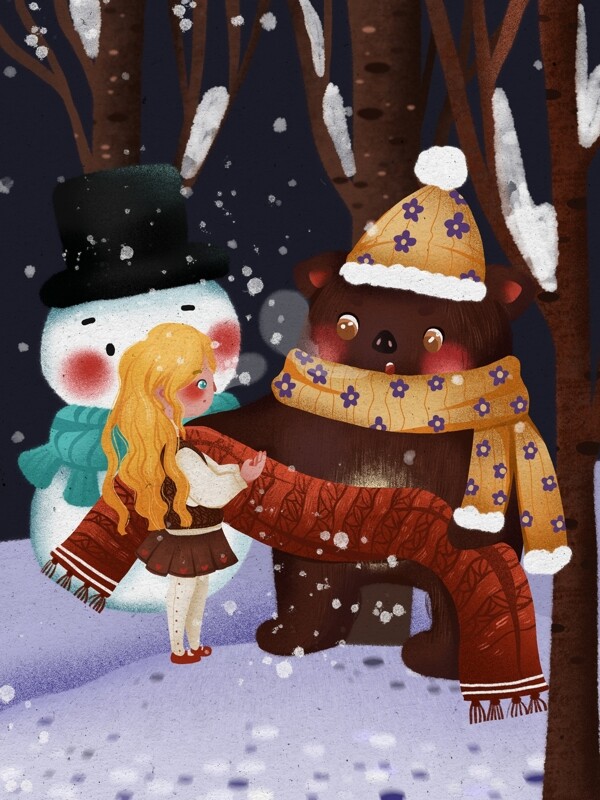 冬天你好小熊给女孩围巾童话风温馨插画