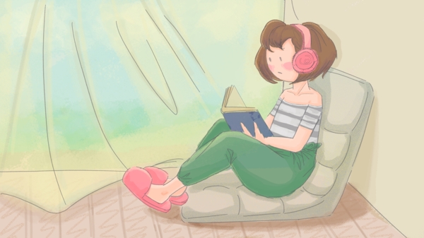 飘窗旁看书的戴粉色耳机女孩