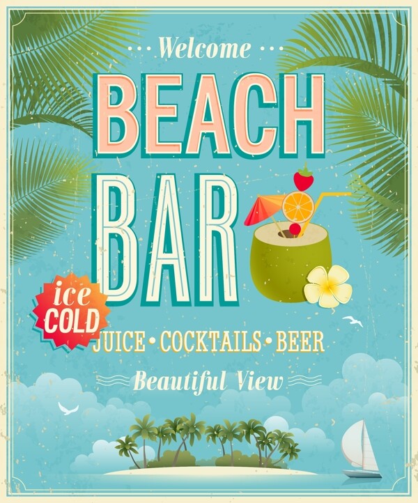 悠闲的海滩酒吧海报矢量素材