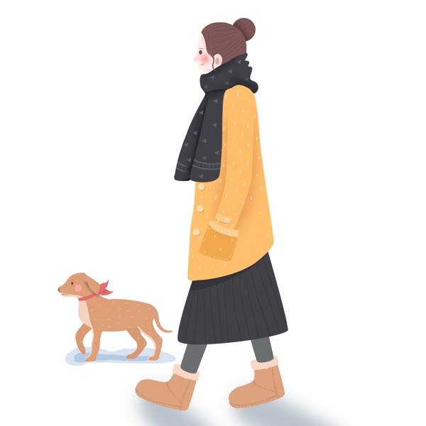 冬季女孩和小狗散步