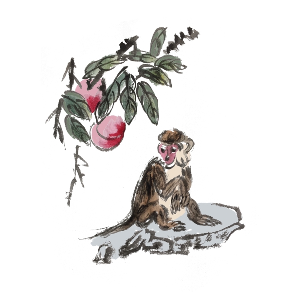 桃子猴子手绘水墨插画