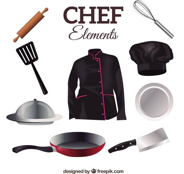 手绘厨师制服各种炊具矢量素材