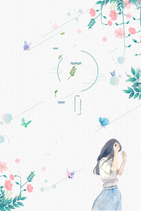 手绘少女花卉海报