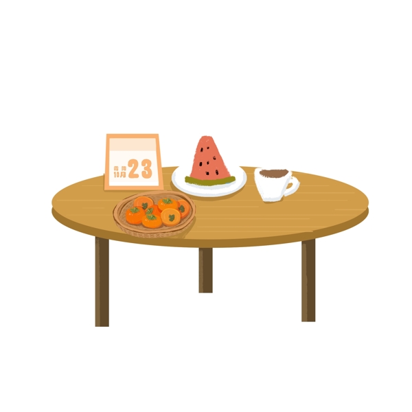 手绘桌子上的日历水果和热茶可商用元素