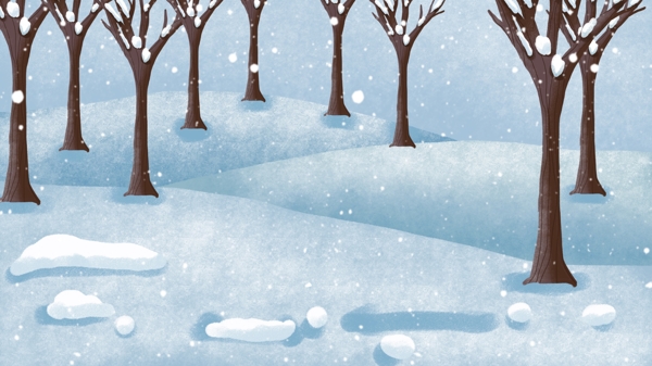 手绘小清新冬季下雪天雪地风景背景