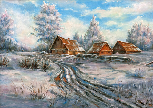 郊外木屋雪景油画图片