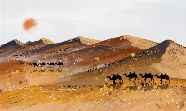 沙漠复古国风插画卡通背景素材