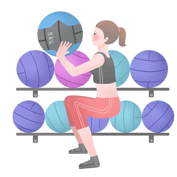 健身房举着球的女孩插画