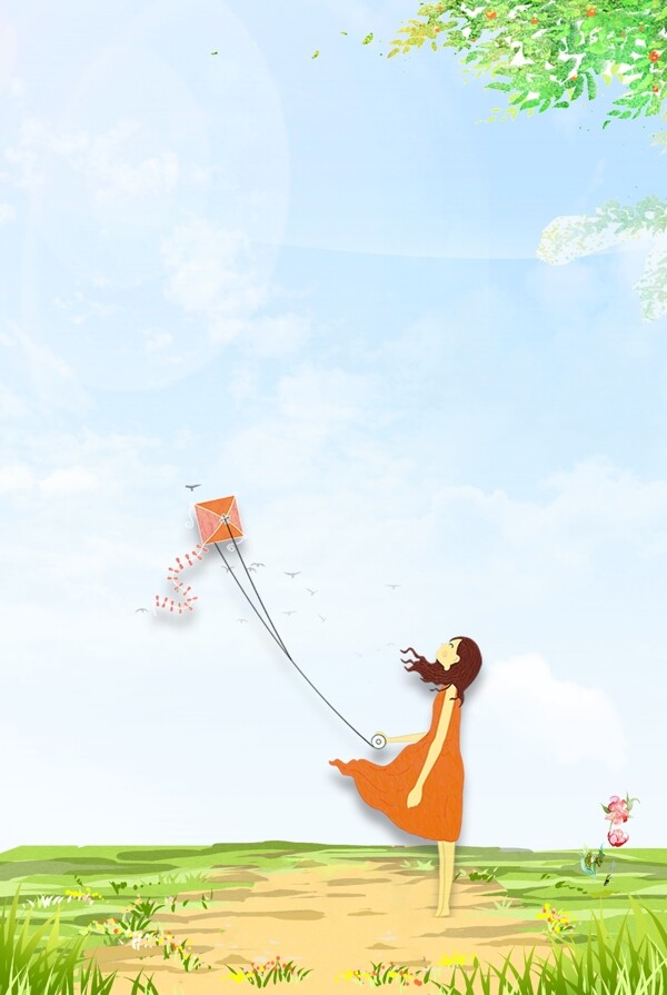 春季女孩放风筝背景