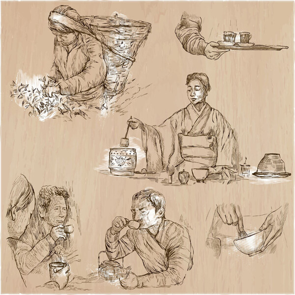 品茶的人们手绘图图片