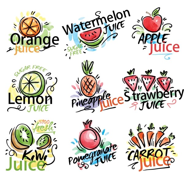 水彩手绘水果蔬菜汁标签