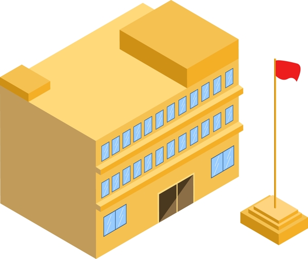 原创2.5D黄色学校建筑升旗台可商用元素