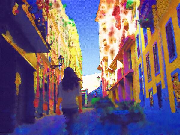 穿过阳光小巷的女子油画水彩图片