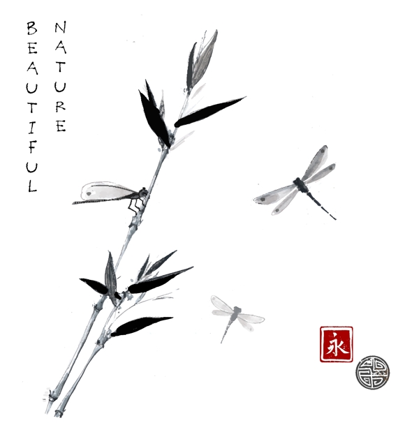 新中式水墨画竹子素材元素背景印章竹叶蜻蜓