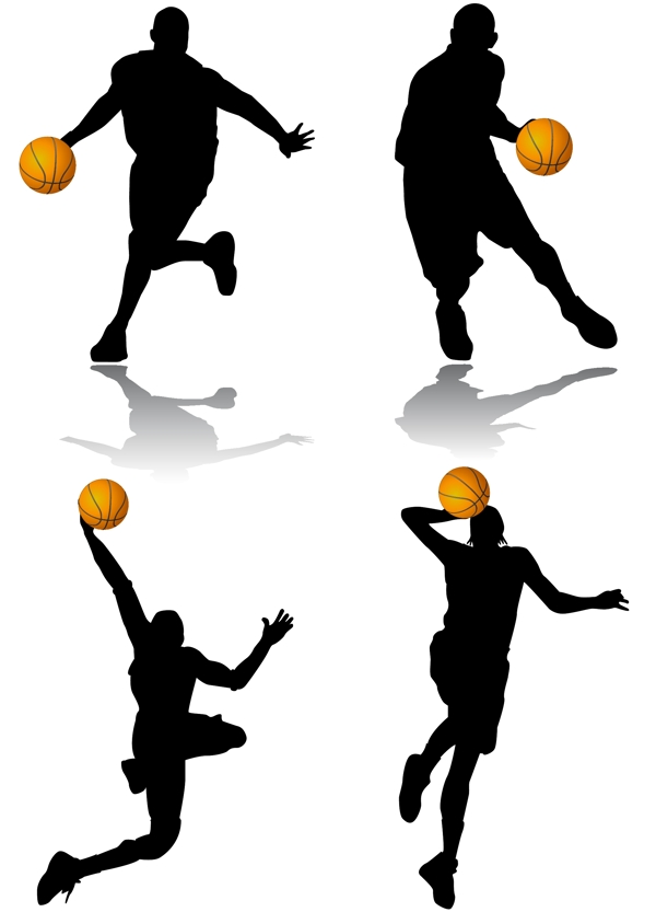 4款篮球运球上篮扣篮动作剪影矢量