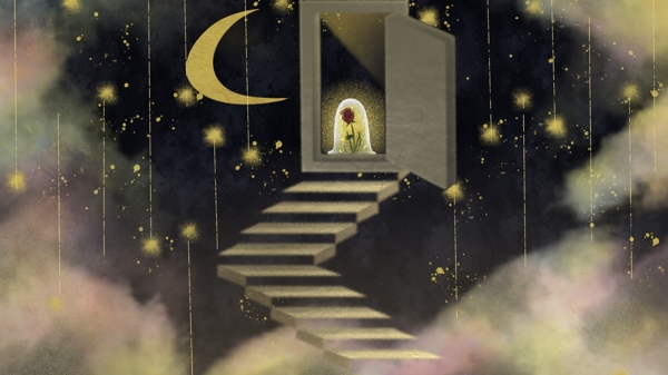 台阶木门星星月亮卡通背景