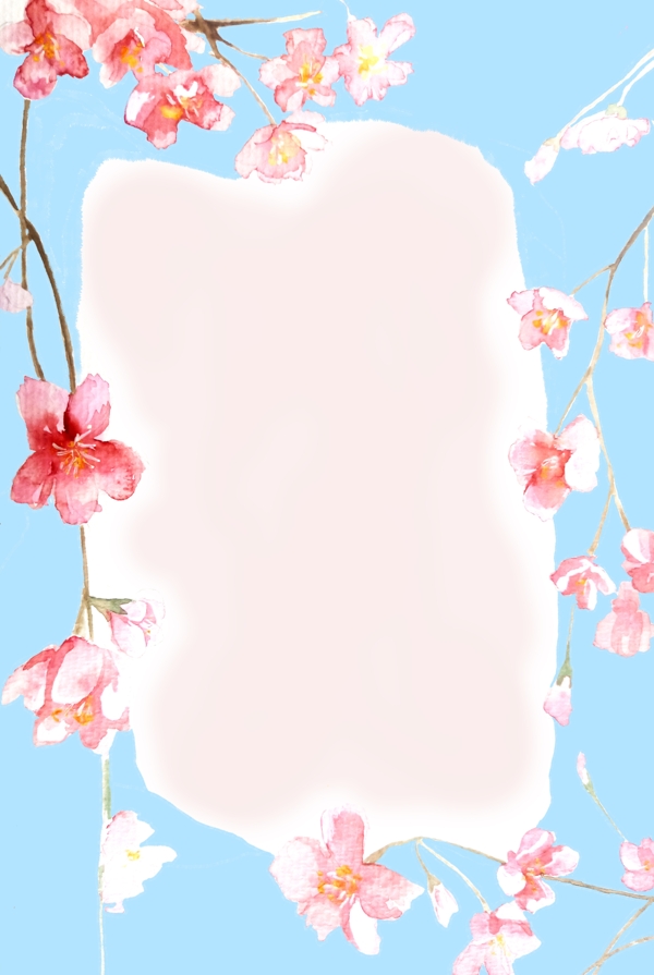 水彩樱花粉色天蓝花框唯美海报背景