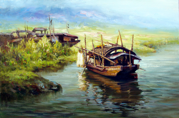 木船风景油画图片