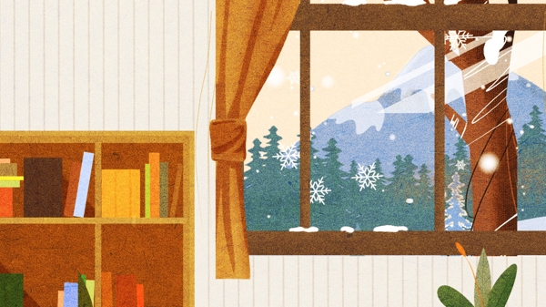 卡通冬季小雪窗外风景背景