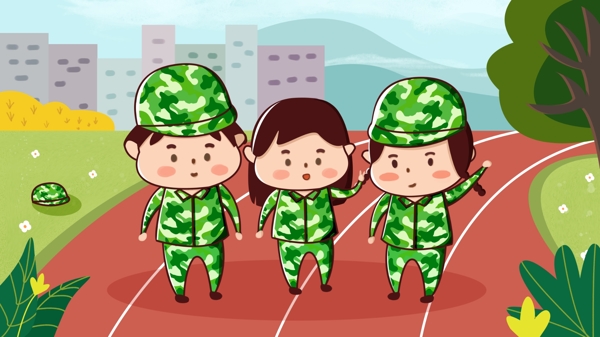 卡通儿童插画人物穿军装可爱开学军训留影