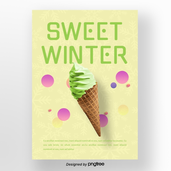 绿色青鸟雪花渐渐变化下冰淇淋冬天甜味食品海报