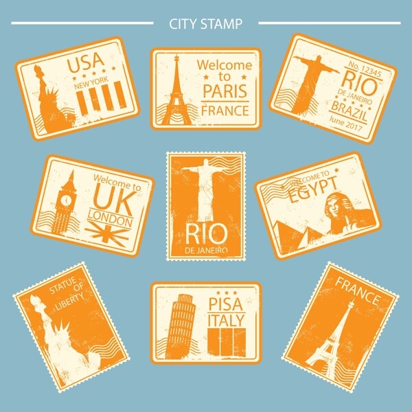 复古西橙色世界名城邮票