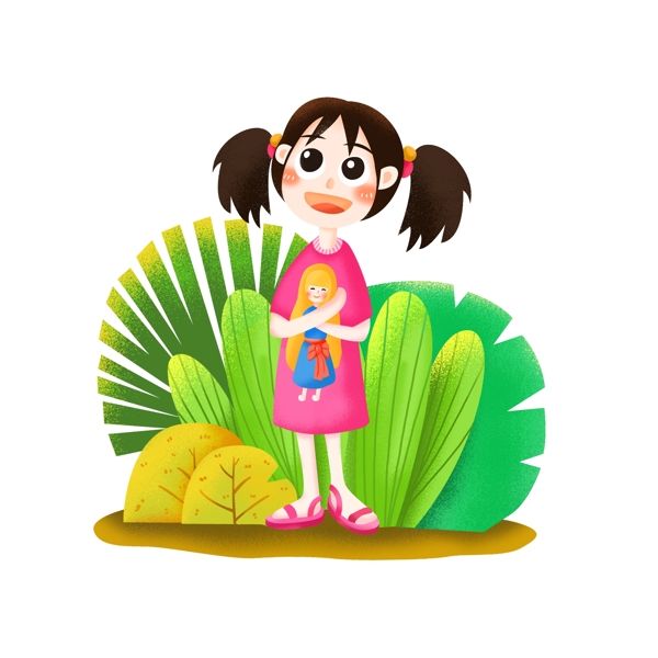 小女孩六一儿童节植物卡通可爱装饰元素