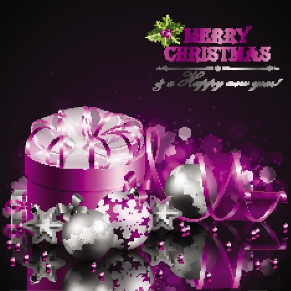 紫色礼盒圣诞球圣诞背景图片