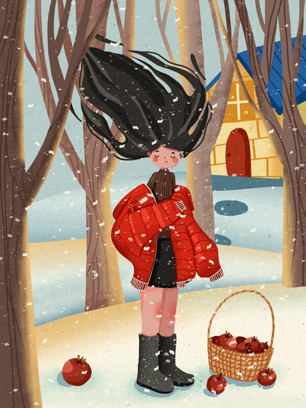 国际儿童日女孩在站在大雪中冥想可爱插画
