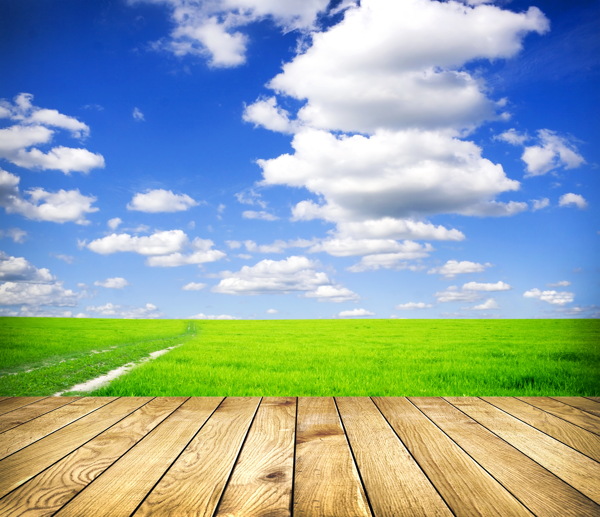 蓝天白云与草原木板背景