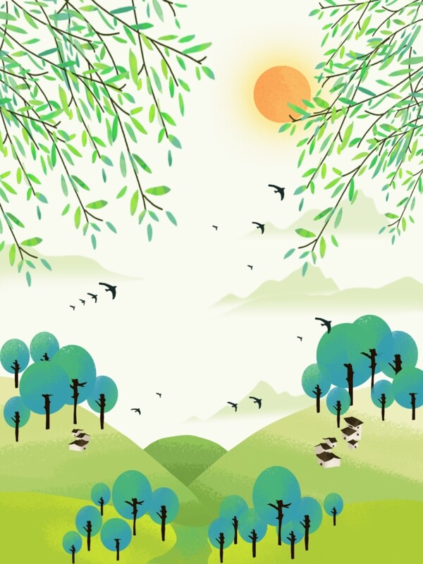 二十四节气春分植树节燕子绿色青山柳树背景