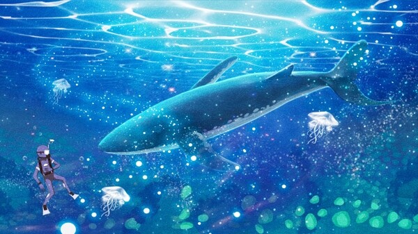 唯美治愈系梦幻深海遇鲸海蓝时见鲸插画