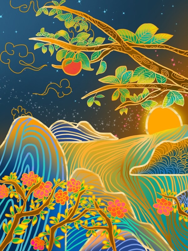 中国风流光溢彩梅花山林插画