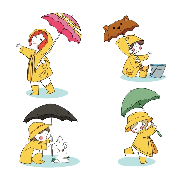 卡通儿童节打雨伞的孩子