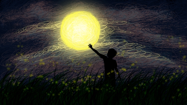 手绘小孩与月亮皓月当空星空草地