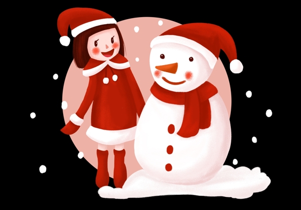 手绘圣诞节女孩与雪人