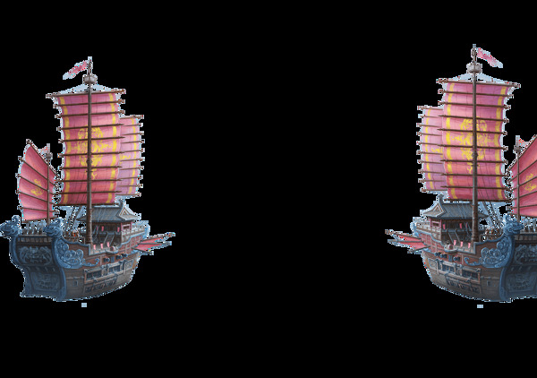 中国古风战船插画海报PNG元素