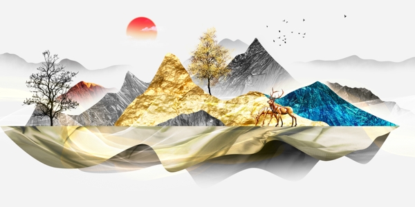 新中式金色山水山峰麋鹿装饰画