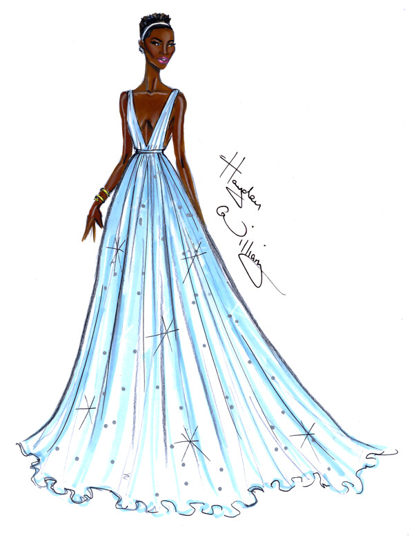 水蓝色彩铅华丽裙摆沙曼婚纱设计效果图
